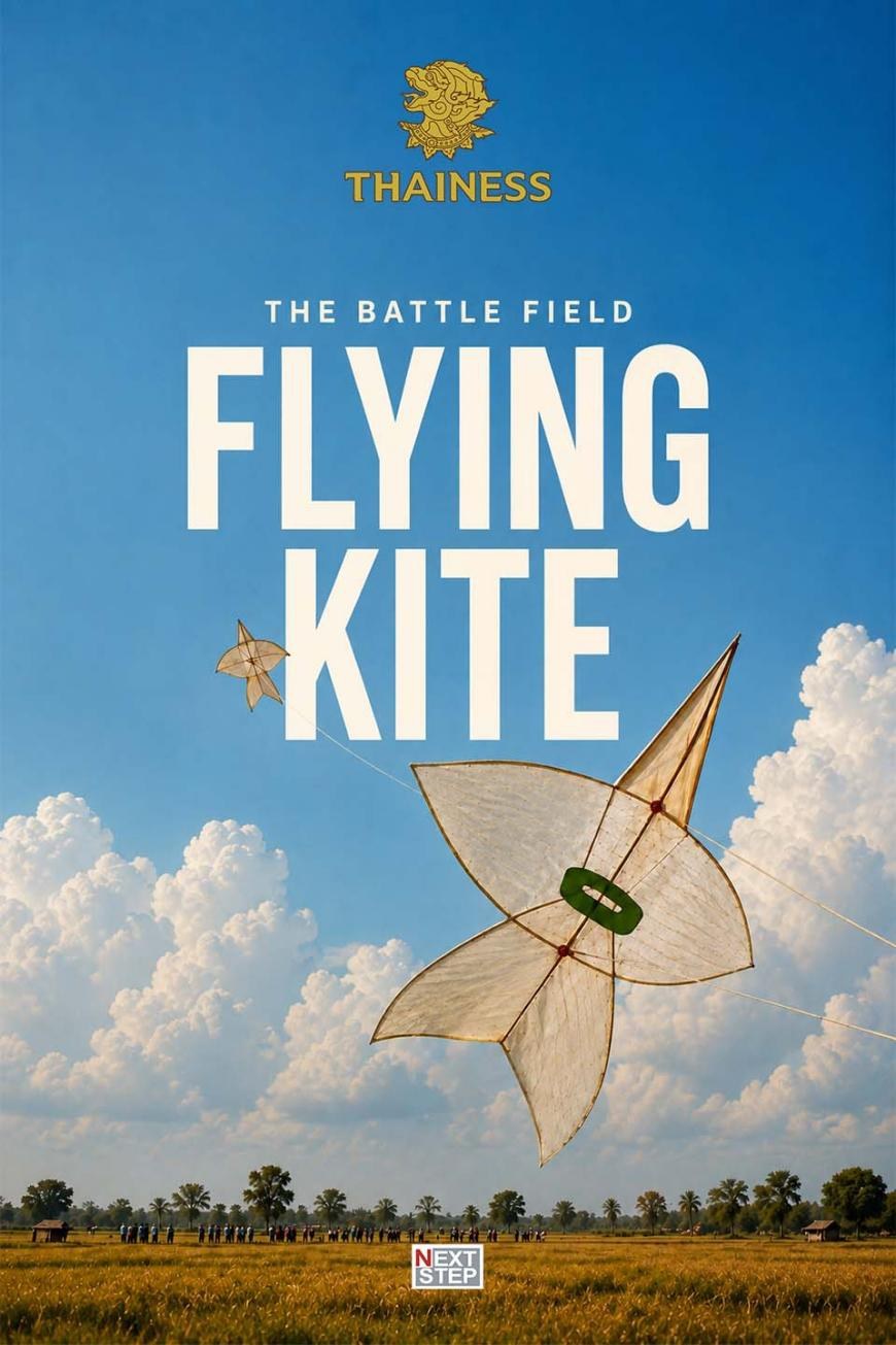 Poster for The Battle Field, Flying Kite, showing a white star-shaped kite in a blue sky above a field with distant onlookers