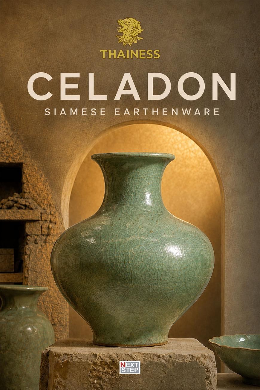 Poster for Celadon, Siamese Earthenware, showing a green celadon vase in front of a warmly lit arch