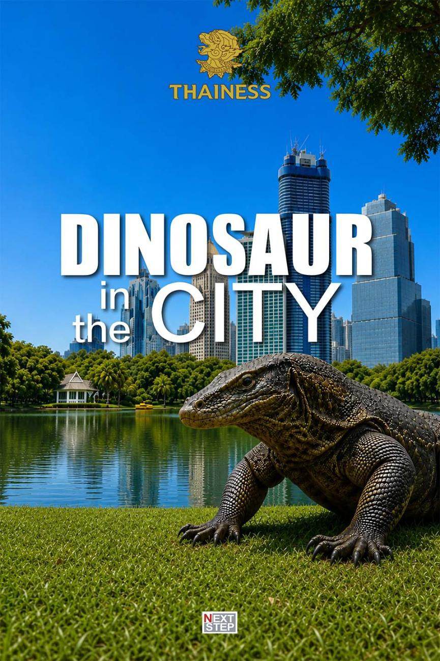 Poster for Dinosaur in the City, showing a monitor lizard on a lawn beside a lake with city towers behind