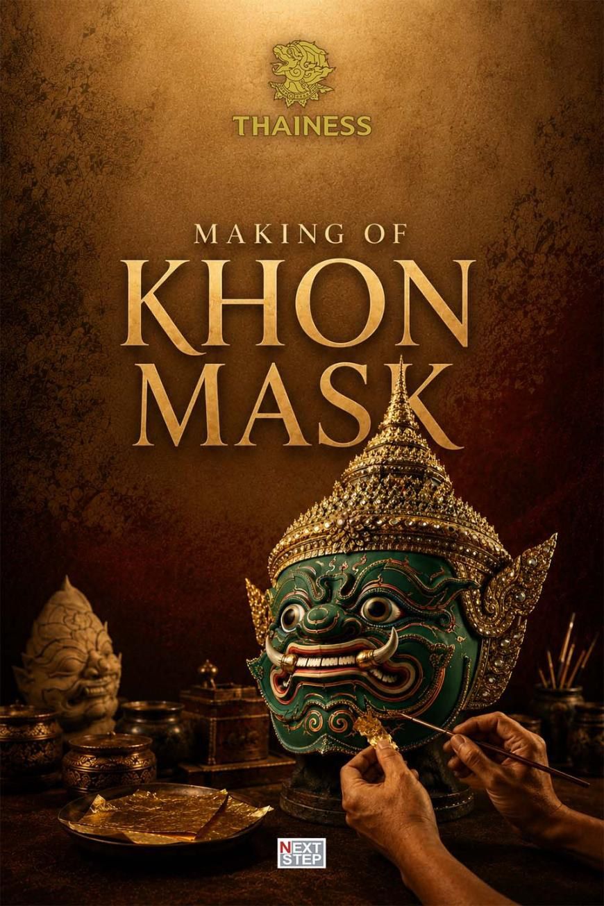 Poster for Making of Khon Mask, showing craftsman's hands applying gold leaf to a green khon mask