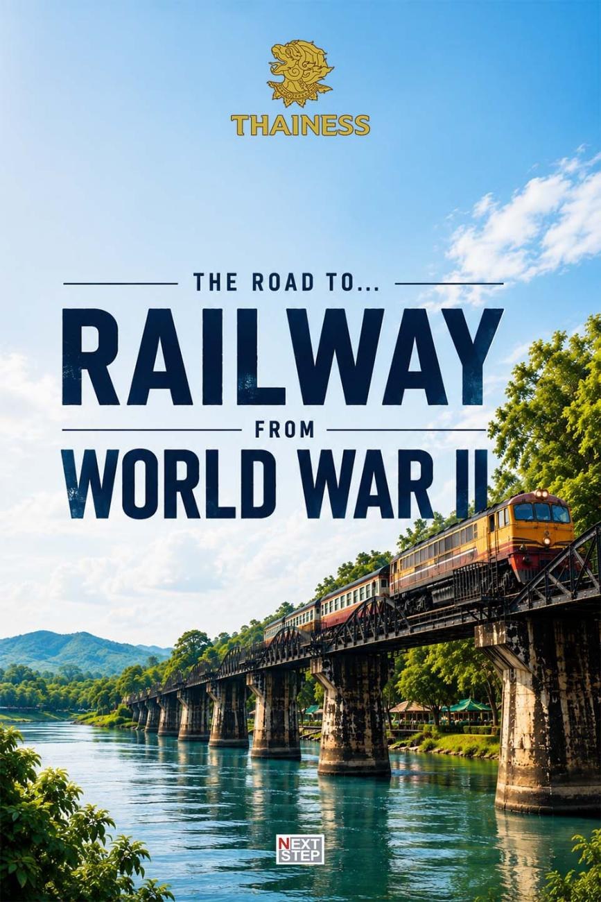 Poster for The Road to Railway from World War II, showing a train crossing an iron bridge over an emerald river