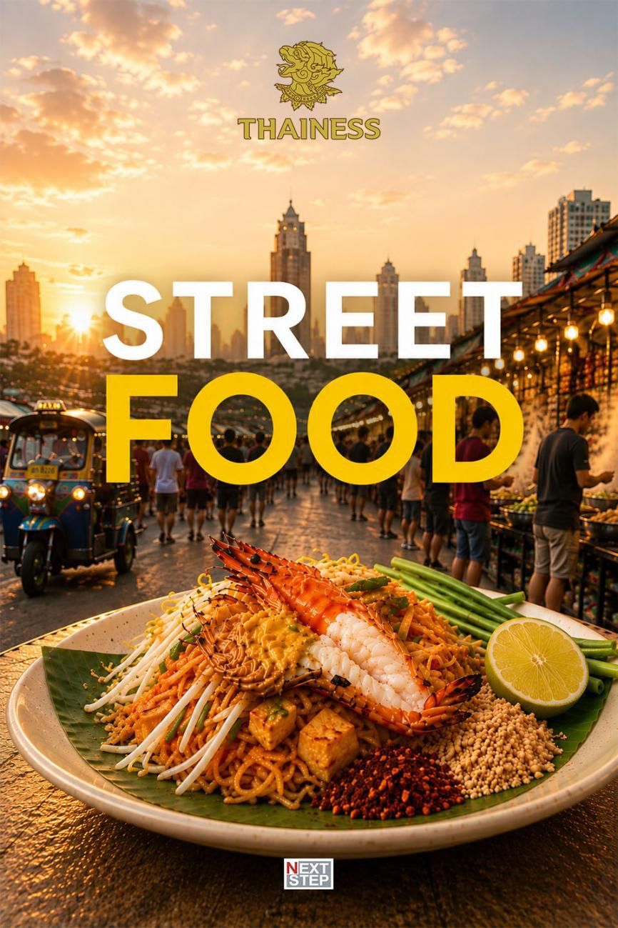 Poster for Street Food, showing a plate of pad thai with grilled prawn on a banana leaf, with a street market and a tuk-tuk behind