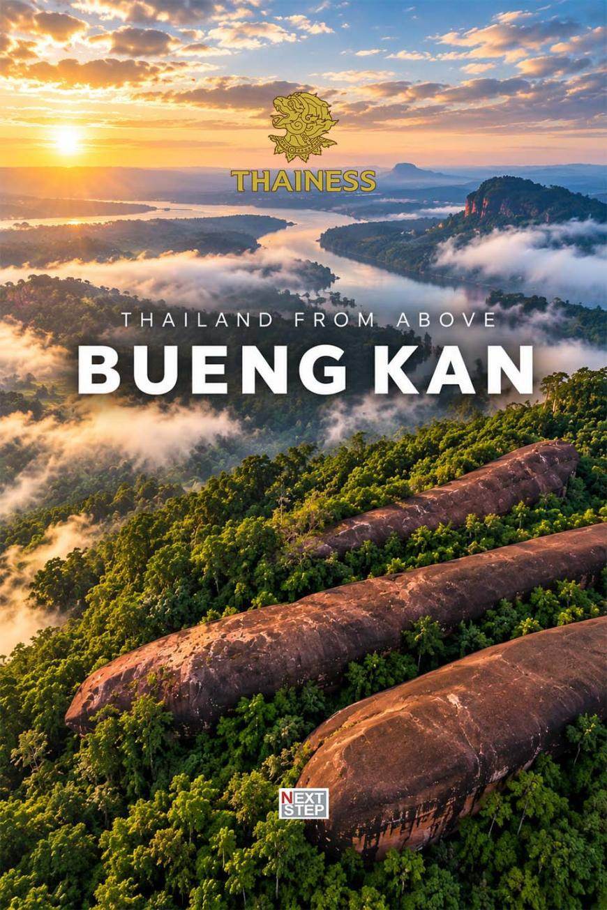 Poster for Thailand from Above, Bueng Kan, showing an aerial view of long sandstone formations in green forest, with mist and a river beyond