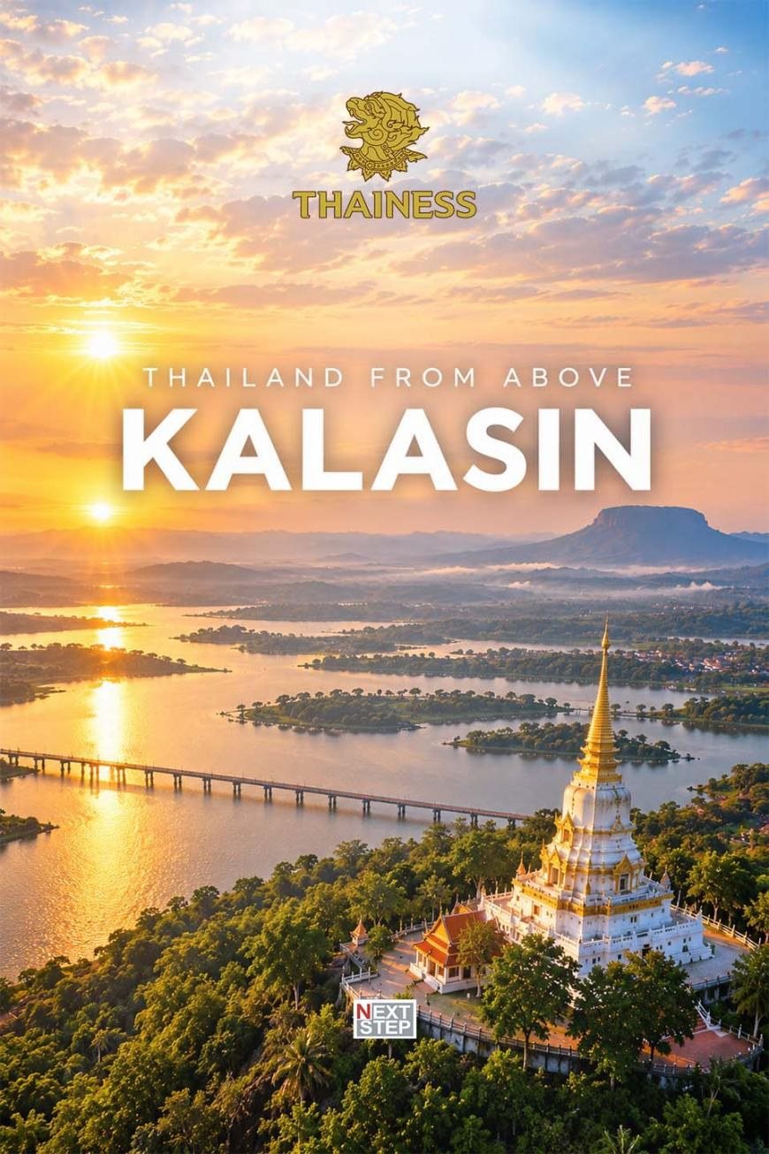 Poster for Thailand from Above, Kalasin, showing an aerial view of a white and gold chedi on a hill above a river and bridge at sunrise
