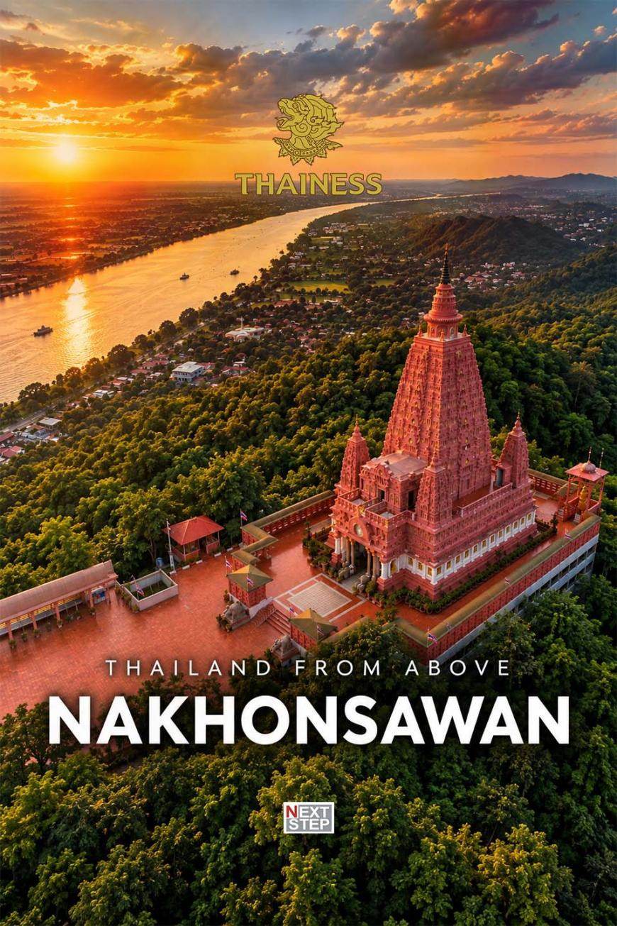 Poster for Thailand from Above, Nakhonsawan, showing an aerial view of a red pagoda on a forested hill beside a river at sunset