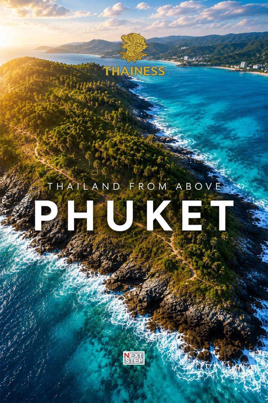 Poster for Thailand from Above, Phuket, showing an aerial view of a forested rocky headland surrounded by turquoise sea
