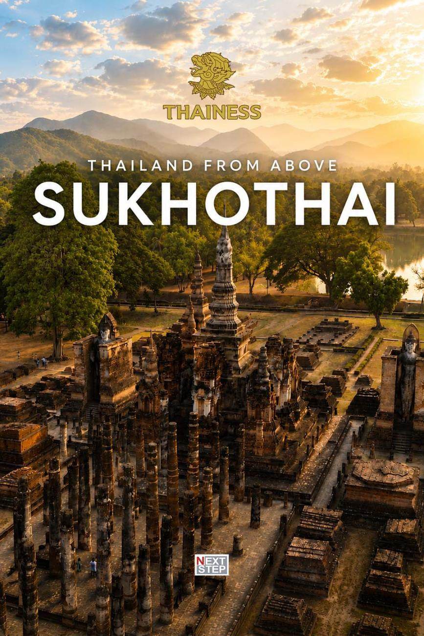 Poster for Thailand from Above, Sukhothai, showing an aerial view of ancient columns and chedis in evening light with mountains beyond