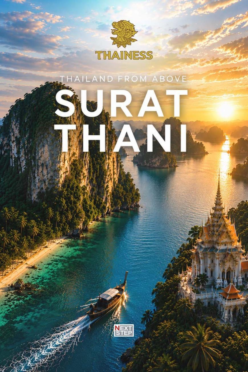 Poster for Thailand from Above, Surat Thani, showing an aerial view of limestone cliffs and islands, a longtail boat and a white and gold temple