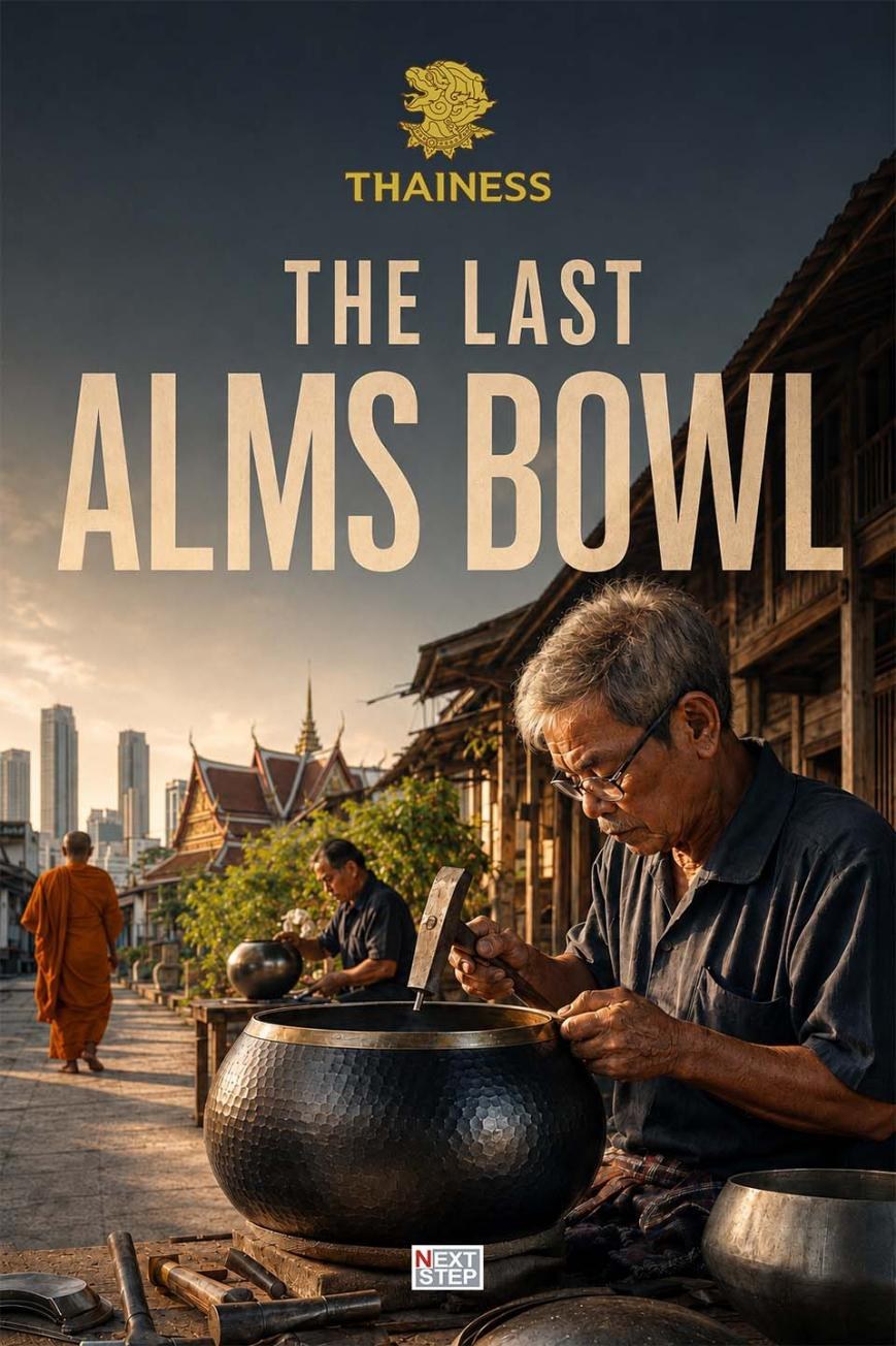 Poster for The Last Alms Bowl, showing an older craftsman hammering a monk's alms bowl, with a monk walking behind